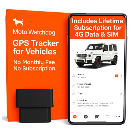 Moto Watchdog GPS Tracker for Vehicles, No Monthly Fee, No Subscription with Real-Time Location, Mileage Tracking, Speeding Monitoring, Route History, Geofence, OBD, for Fleets & Families, USA, Moto Watchdog