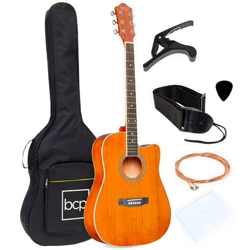 Best Choice Products 41in Beginner Acoustic Guitar Full Size All Wood Cutaway Guitar Starter Set Bundle with Case, Strap, Capo, Strings, Picks - Natural Mahogany