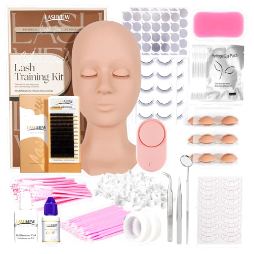 LASHVIEW Lash Kit for Beginners 338pcs Lash Extension Kit Professional Mannequin Head With 7 Pairs Replaced Eyelids Silicone Training Set Include Mini Fan Dryer Makeup Natural Skin Color