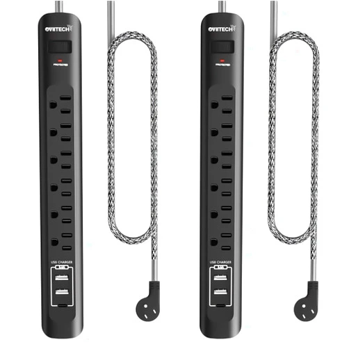 Oviitech 2 Pack Power Strip Surge Protector - 5Ft Extension Cord with 6 Outlets with 3USB Ports(1 USB C) Port, 1875W/15A, Flat Plug, Wall Mount Desk Charging Station for Home Office, Dorm Room