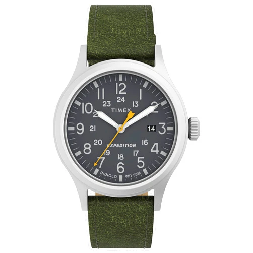 Timex Men's Expedition Scout 40mm Watch – Silver-Tone Case Black Dial with Green Leather Strap