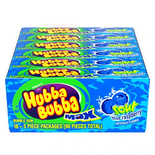 HUBBA BUBBA Sour Blue Raspberry Bubble Gum, Chewing Gum Bulk Pack - 5 Pieces, Pack of 18