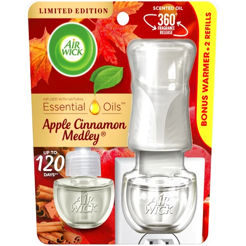 Air Wick Plug in Scented Oil Starter Kit (Warmer + 2 Refills), Apple Cinnamon Medley, Fall Scent, Essential Oils, Air Freshener