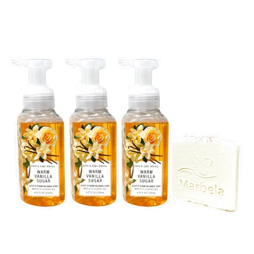 Bath & Body Works Warm Vanilla Sugar 3 Pack Gentle Foaming Hand Soap Bundle with a Natural Oats Sample Soap
