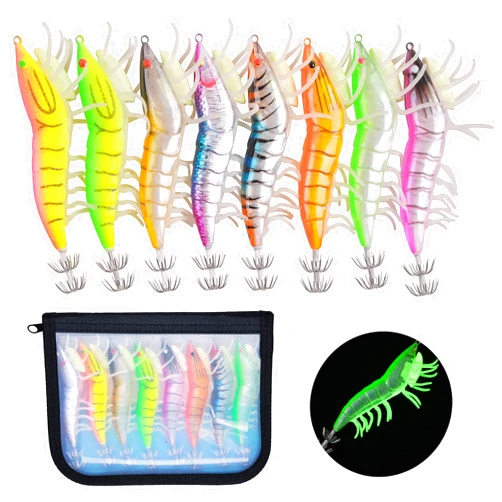 AGOOL Luminous Squid Jig Hooks Shrimps Lure Saltwater Fishing Lures Octopus Cuttlefish Glow Body Shrimps Prawn Stainless Steel Squid Jig Fishing Hooks 8pcs