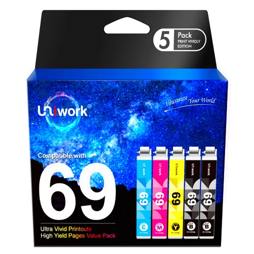 Uniwork Remanufactured Ink Cartridge Replacement for Epson 69 use for Stylus CX6000 CX8400 NX400 NX410 NX415 NX515 Workforce 600 610 615 1100 Printer Tray, 5 Pack