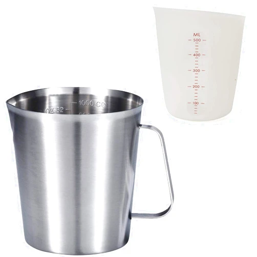 KSENDALO SUS304 Stainless Steel Measuring Cup 32oz/4Cup/1.0L & a Silicone Cup 16oz/2cup- Precision Engraved Markings for Liquid, Coffee, Milk & Espresso - Kitchen Mixing Pitcher for Baking & Frothing