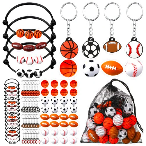 Nosiny Sportball Party Favors - 108 Pcs Bulk Set Including 36 Keychains, 36 Stress Balls & 36 Charm Bracelets for Team Birthday Parties