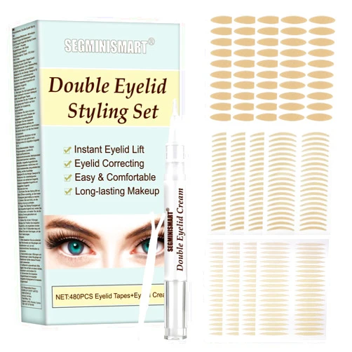 SCOBUTY Double Eyelid Strips - Self-Adhesive Eye Tapes for Droopy Mono-Eyelids, 480 Tapes & Cream, Fork Rods & Tweezers