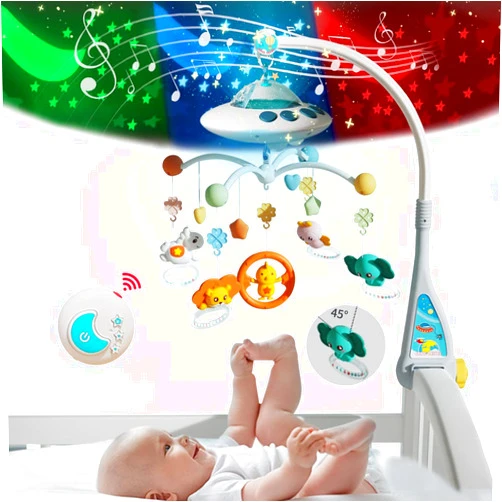 Lcasio Baby Musical Crib Mobile with Night Lights and Relaxing Music,Hanging Rotating Animals Rattles,Stars Projection,Remote Control,for Boy Girl Newborn Baby Toys（Blue）