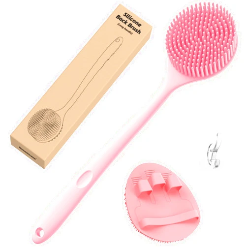 Manmihealth Silicone Back Scrubber(Thick Bristles) & Soft Bath Glove Set, Super-Exfoliating Body Scrubber & Super-Lathering Shower Brush Combination, with a Free Hook.(Pink)