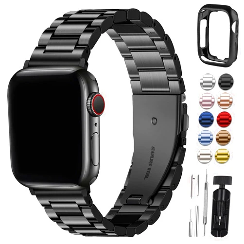 Fullmosa Compatible Apple Watch Bands 49mm 45mm 46mm 44mm 42mm 41mm 40mm 38mm, Metal iWatch Band with Case for Apple Watch Ultra Series 10 9 8 7 6 5 4 3 2 1 SE, 42mm 44mm 45mm Black