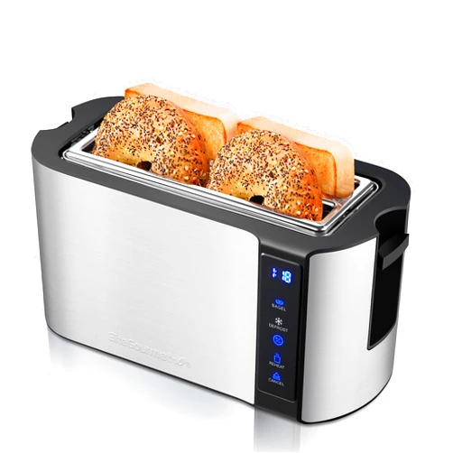 Elite Gourmet ECT5322 Long Slot 4 Slice Toaster, Countdown Timer, Bagel Function, 6 Toast Setting, Defrost, Cancel Function, Built-in Warming Rack, Extra Wide Slots for Bagels Waffles, Stainless Steel 4 Slice Stainless Steel and Jet Black
