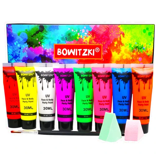 Bowitzki UV Neon Face and Body Paint 8 x 30ml Liquid Kit Black Light Glow in the Dark Makeup Set Fluorescent Blacklight reactive Painting for Adults Music Festivals Party Halloween Christmas