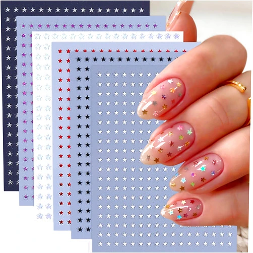 SHUXILIN 6 Sheets Star Nail Stickers 3D Self-Adhesive Glitters Starlight Nail Art Stickers Shiny Stars Glitters Nail Decals Black White Red Purple Laser Silver Stars Gold Nails Design Nail Supplies for Women