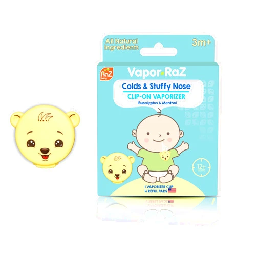 RaZbaby Vapor-Raz Clip-On Vaporizer - Cough & Cold Relief - Use at Home & On The Go - Al Natural Menthol & Eucalyptus Baby Oil Aromatherapy - 4 Vapor Pads Refills