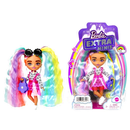 Barbie Extra Minis Doll #6 Wearing Flower Print Dress with Rainbow Hair, Doll Stand & Accessories Including Sunglasses & Purse, 5.5-inch