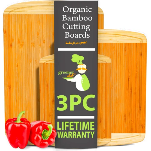 GREENER CHEF Organic Bamboo Cutting Board Set of 3 with Lifetime Replacements - Wood Cutting Board Set with Juice Groove - Wooden Chopping Board Set for Kitchen, Meat, Vegetables and Cheese