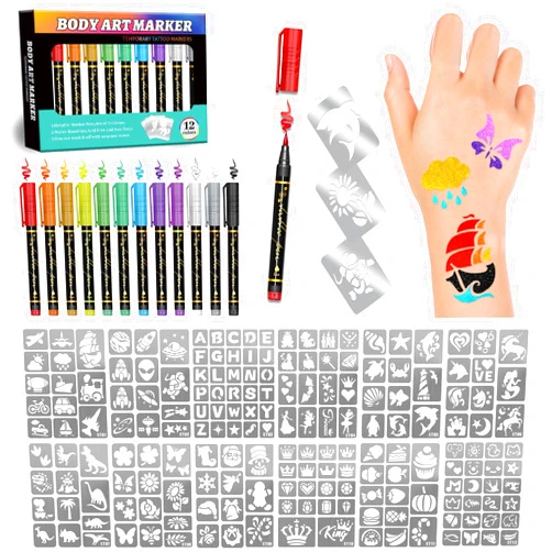 Yazhiji Temporary Tattoo Markers for Skin, 12 Metallic Body Markers + 183 Temporary Tattoo Stencils for Kids Adults, Flexible Brush Tip, Bright Colors, Cosmetic Tattoos Pens for Kids Adults, DIY Body Art Set