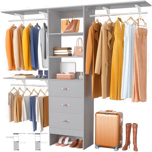 Girapow Closet System with Wooden Drawers, 8 FT Closet Organizers System with Adjustable Shelves & Hanging Rods, Wall-mounted Closet Organizer Storage System for Walk-in Closet, Grey
