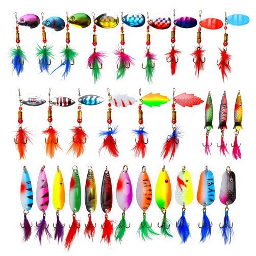 Shaddock Fishing Fishing Spinner Spoons Lures Kit 30pcs Rooster Bait Metal Spoon Fishing Lures Casting Spinner Baits with Feathered Treble Hooks for Trout Bass Pike Salmon Walleye Saltwater Freshwater Fishing