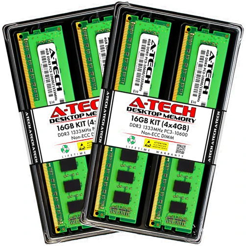 A-Tech RAM 16GB Kit (4x4GB) DDR3 1333 MHz PC3-10600 DIMM - Desktop Computer Memory - CL9 240-Pin UDIMM Non-ECC Unbuffered Upgrade Modules