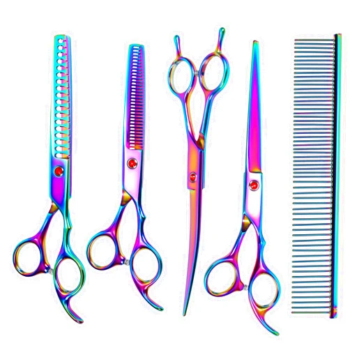 Sumcoo Dog Grooming Scissors Set, SUMCOO Pet Grooming Scissors Chunkers Shears for Dog, Curved Dog Grooming Scissors, Thinning Shears for Dog with Grooming Comb (Rainbow)