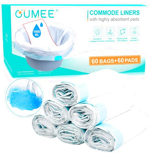 OUMEE 60 PCS Commode Liners with Absorbent Pads, Bedside Commode Liners for Commode Bucket, Disposable Commode Liners for Adults, Portable & Leak-Proof Potty Chair Liners (Blue - 120[60Liners+60Pads])