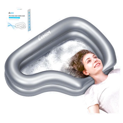 Cehim Portable Inflatable Shampoo Basin for Bedridden Elderly, Hair Washing Bowl with Drain Hose & Neck Support, PVC Inflatable Shampoo Bowl for Bedridden Patients, Disabled, Seniors, Kids, Home Care