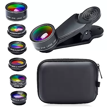 KINGMAS 7-in-1 Phone Camera Lens Kits, Universal Zoom 2X Telephoto Lens + 198° Fisheye Lens + 0.63X Wide Angle Lens + 15X Macro Lens + CPL + Kaleidoscope Lens + Starburst Lens with Zipper Bag