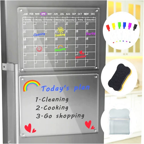 Enskatec Acrylic Calendar for Fridge, Magnetic Clear Calendar Dry Erase Board for Refrigerator 2 Pcs, 16