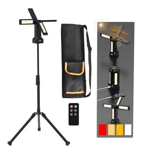 AODOO 13200mAh Rechargeable Solar Work Light with Folding Stand and Carrying Bag, AODOO 8000 Lumen Stepless Dimmable, White/Warm/Nature White/RED(SOS) with Detachable Tripod (Black) (Black(Remote))