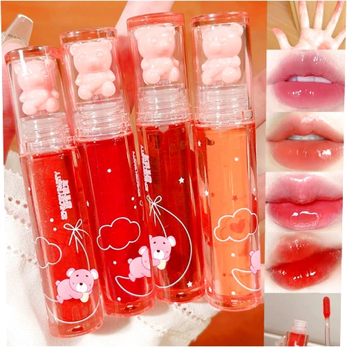 Baorder 4Pcs Bear Lip Glaze Hydrating Jelly Lip Gloss,Jelly Liquid Lipstick Cute Bear Lipgloss Moisturizing Lip Stain Plumping Water Lip Gloss Waterproof Long Lasting Cheek Rouge Tint Makeup (4, A)