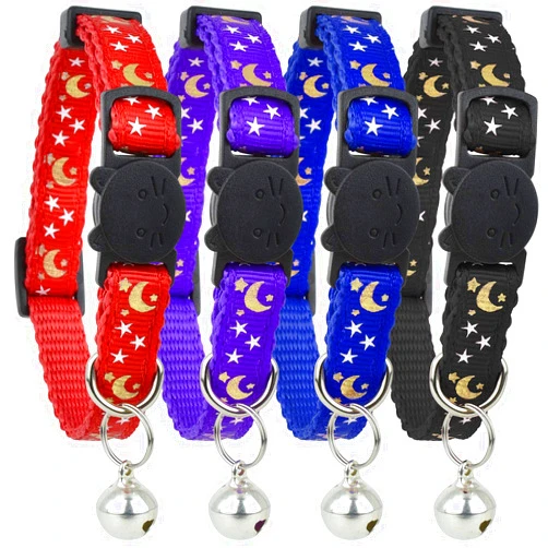Bemix Pets Upgraded Version - Cat Collar Stars and Moon, 4-Pack, Reflective with Bell, Solid & Safe , Nylon, Pet Collar, Breakaway Cat Collar, Free Replacement