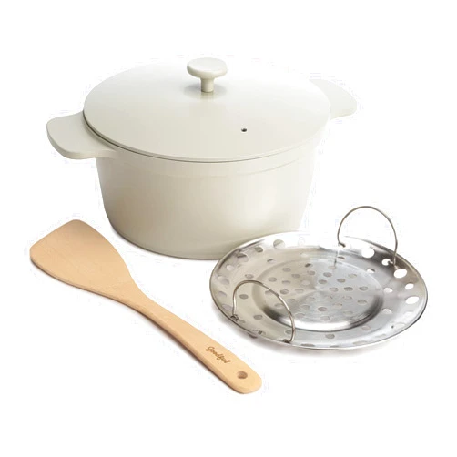 Goodful All-In-One Pot, Multilayer Nonstick, High Performance Cast Dutch Oven With Matching Lid, Roasting Rack And Turner, Made Without PFOA, Dishwasher Safe Cookware, 4.7-Quart, Linen