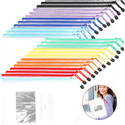 LOKIPA 24PCS Zipper Pouch Bags, A4 Mesh Zipper Bags for Organizing Waterproof Zipper Pouches File Bags for School Toys Puzzle Board Games and Office Supplies (9.4x13.4inch)