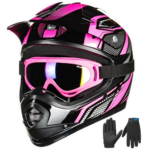 ILM Youth Kids ATV Motocross Helmet Goggles Sports Gloves Dirt Bike Motorcycle Off Road DOT Approved B07 (Youth-XL, Pink Black)