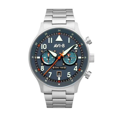 AVI-8 Mens 43.5mm Hawker Hurricane Carey Dual Time Japanese Quartz Pilot Watch with Leather or Stainless Steel Strap AV-4088