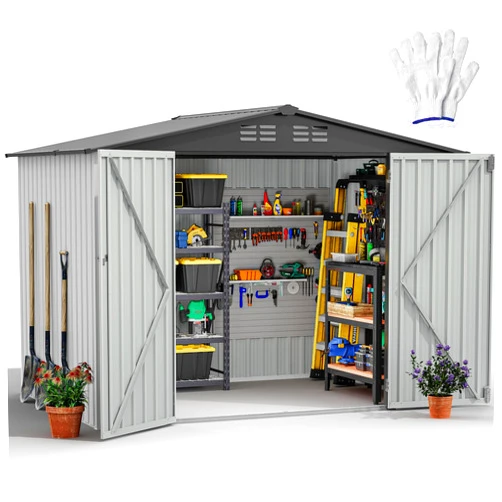 DWVO 8x6 FT Outdoor Storage Shed, Large Metal Tool Sheds, Heavy Duty Storage House with Lockable Doors & Air Vent for Backyard Patio Lawn to Store Bikes, Tools, Lawnmowers, White