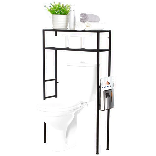 MyGift 2-Tier Over The Toilet Storage, Space Saver Metal Bathroom Shelves, Freestanding Above Over Toilet Storage Shelf with 1 Magazine Holder Basket, Black