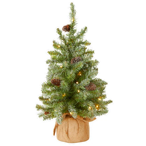 National Tree Company 2 ft Pre-Lit Flocked Mini Artificial Christmas Tree, 50 Clear LED Lights, 75 Tips, Pinecones, Burlap Base, Timer, Green