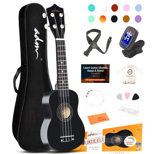 ADM Ukulele for Beginners Hawaiian Wood Ukelele Kit for Kids Adult Student Starter Professional Ukalelee Pack Bundle with Free Lessons Gig Bag Strap Nylon String Tuner (Black, 21 Inch)