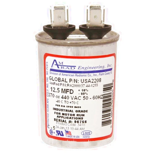 AMRAD ENGINEERING USA2208 Series Round USA-Made Motor Run Capacitor, 12.5 Mfd, 370/440 Vac-132324