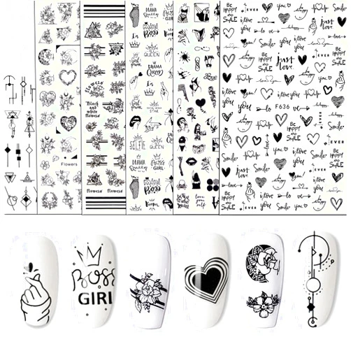 Yoksas Black White Geometric Heart Flower Sexy Girl Nail Art Stickers, 6 Sheets Self Adhesive Minimalist Nail Decals for Acrylic Nail Manicure Designer Supplies