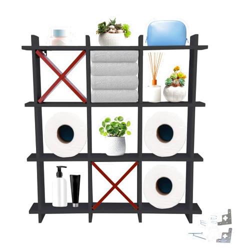Noa Store Wooden Tic Tac Toe Toilet Paper Holder - Unique Wall Mount Cabinet Decorative Shelf - Funny Novelty Bathroom Decor and Storage Stand for Tissue Roll - Black with Red Cross, H5xL20xW20 inches