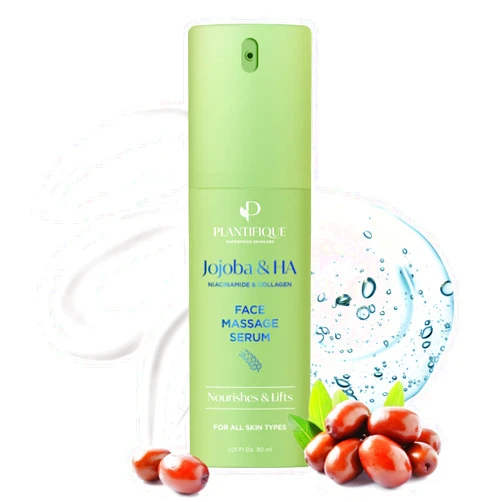 PLANTIFIQUE Jojoba Oil & Hyaluronic Acid Face Serum for Gua Sha Massage with Vitamin C, E Niacinamide for Glowing Skin, Korean Skin Care Hydrating Anti-Aging Facial Serum for Women & Men