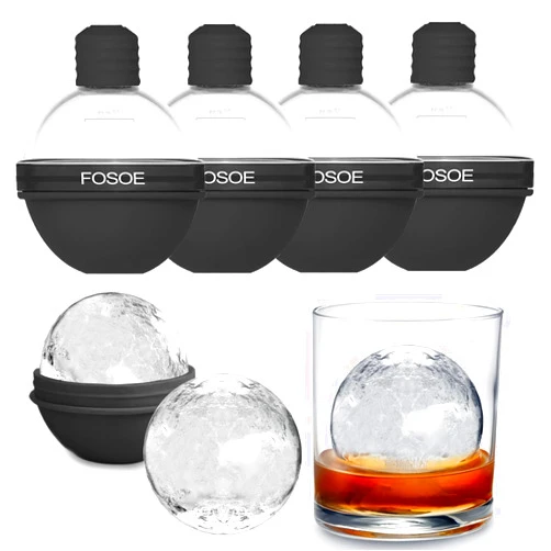 FOSOE Silicone Ice Ball Molds for Whiskey - Set of 4 Round Makers with Lids for Cocktails, Bourbon, and Drinks
