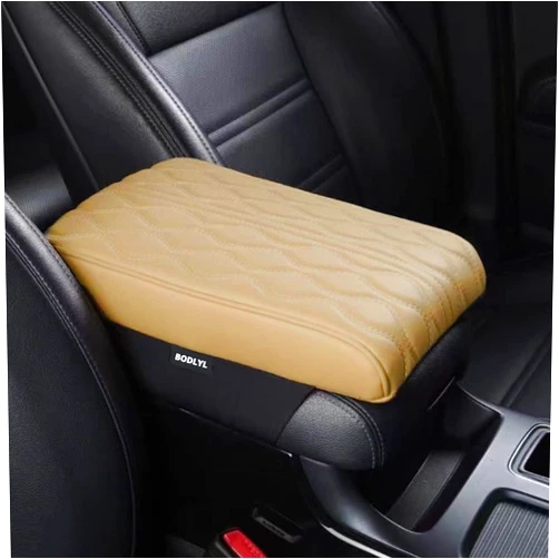 BODLYL Car Center Console Cover, Memory Foam Car Armrest Cushion, Beige Auto Arm Rest Pad, Leather Arm Rest Covering Car, Hand Rest Pillow for SUV/Truck/Vehicle (Beige)