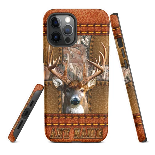 DUCHUCASE Personalized Deer Hunting Lovers Cross Leather Pettern Phone Case Custom Name Hunter Gifts for Dad Protective Cover Customized with Tough Case for iPhone 15 14 12 13 11 X XR XS Promax Plus