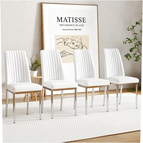 RDUEEI White Leather Chair, Modern Dining Chair Set of 4 with PU Leather and Chrome Leg, Sillas de Comedor with High Back for Dining Room, Kitchen, Living Room (WH-4)